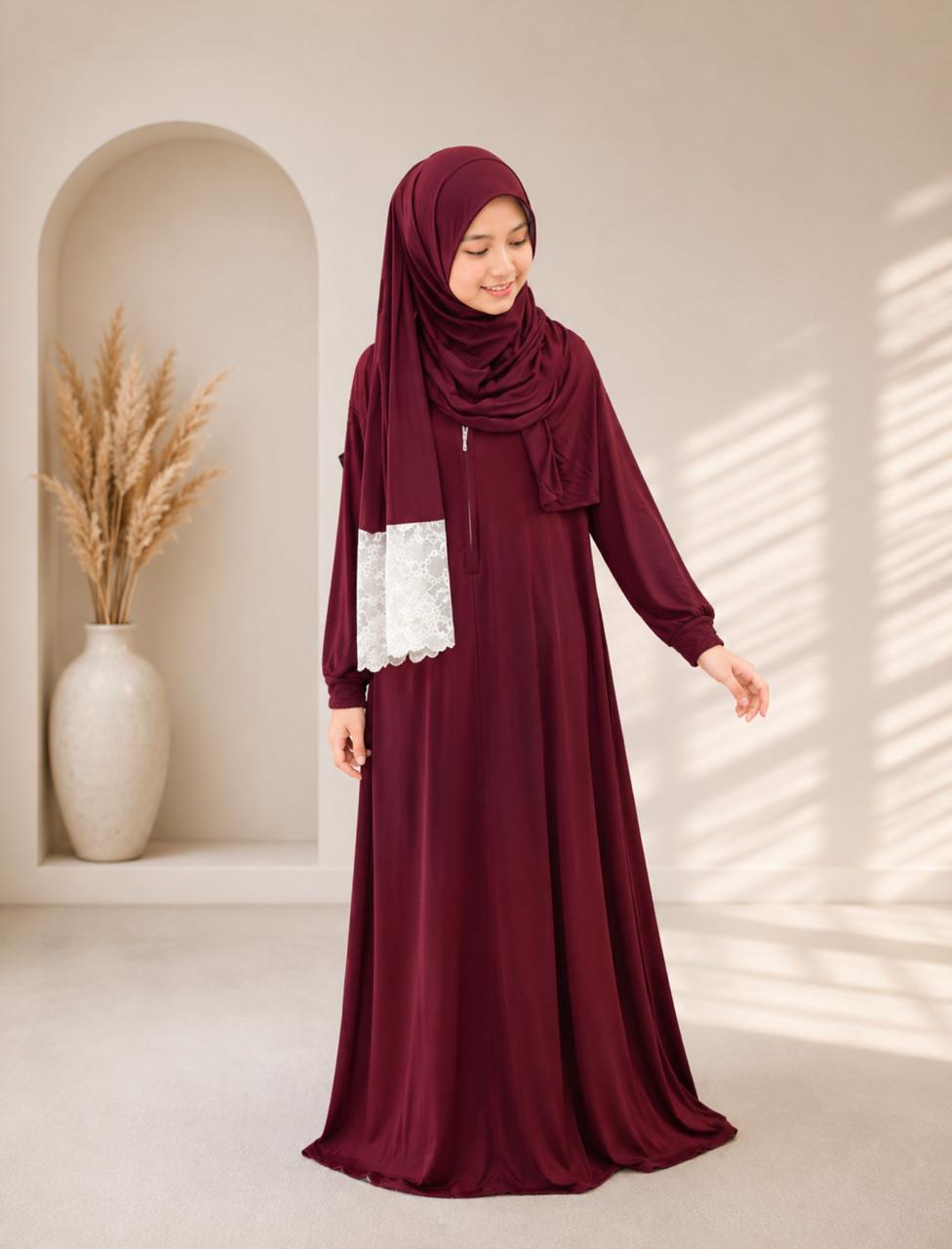Kids Stretchable Cotton Prayer Dress with Attached Khimar & Front Zipper